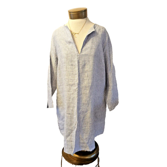 Soft Surroundings Womens Lagenlook Linen WhiteBlue Stripe Button Down Dress Sz L - Picture 1 of 10